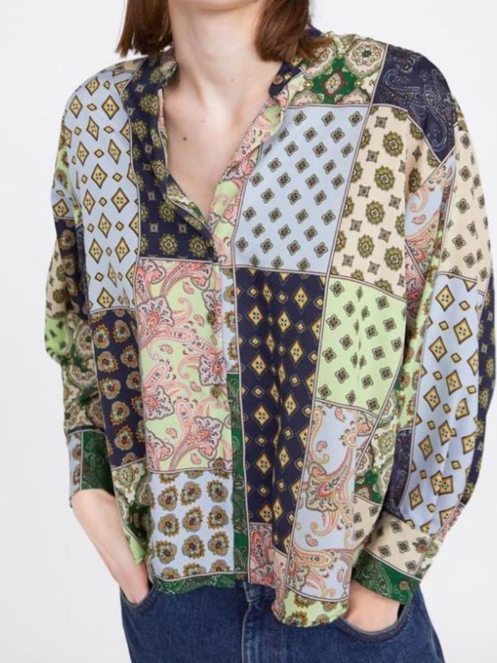 Zara Patchwork Paisley Button-Up Blouse
